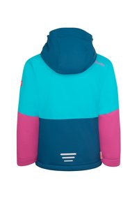 Giacca colorata per bambini con cappuccio, caratterizzata da una parte superiore color turchese, maniche rosa e parte inferiore blu navy. Include dettagli riflettenti.