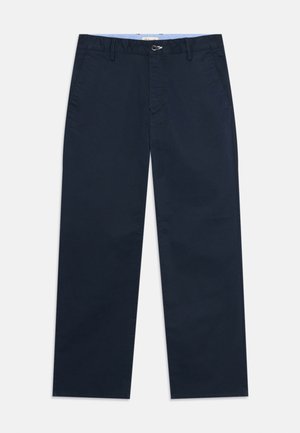 Navy blue cotton-chino pants with a straight-leg cut, featuring a belt loop and front pockets, smooth texture, and a clean design.