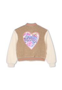 Bruine en crèmekleurige fleece jas met geribde kraag en manchetten, met een hartpatch op de rug met vlinders, bloemen en de tekst "Groovy!".