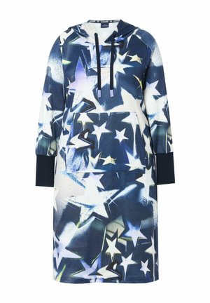 Hoody jurk met een marineblauw en witte sterrenpatroon, gemaakt van zachte stof, met een voorkantzak en contrasterende donkerblauwe manchetten.