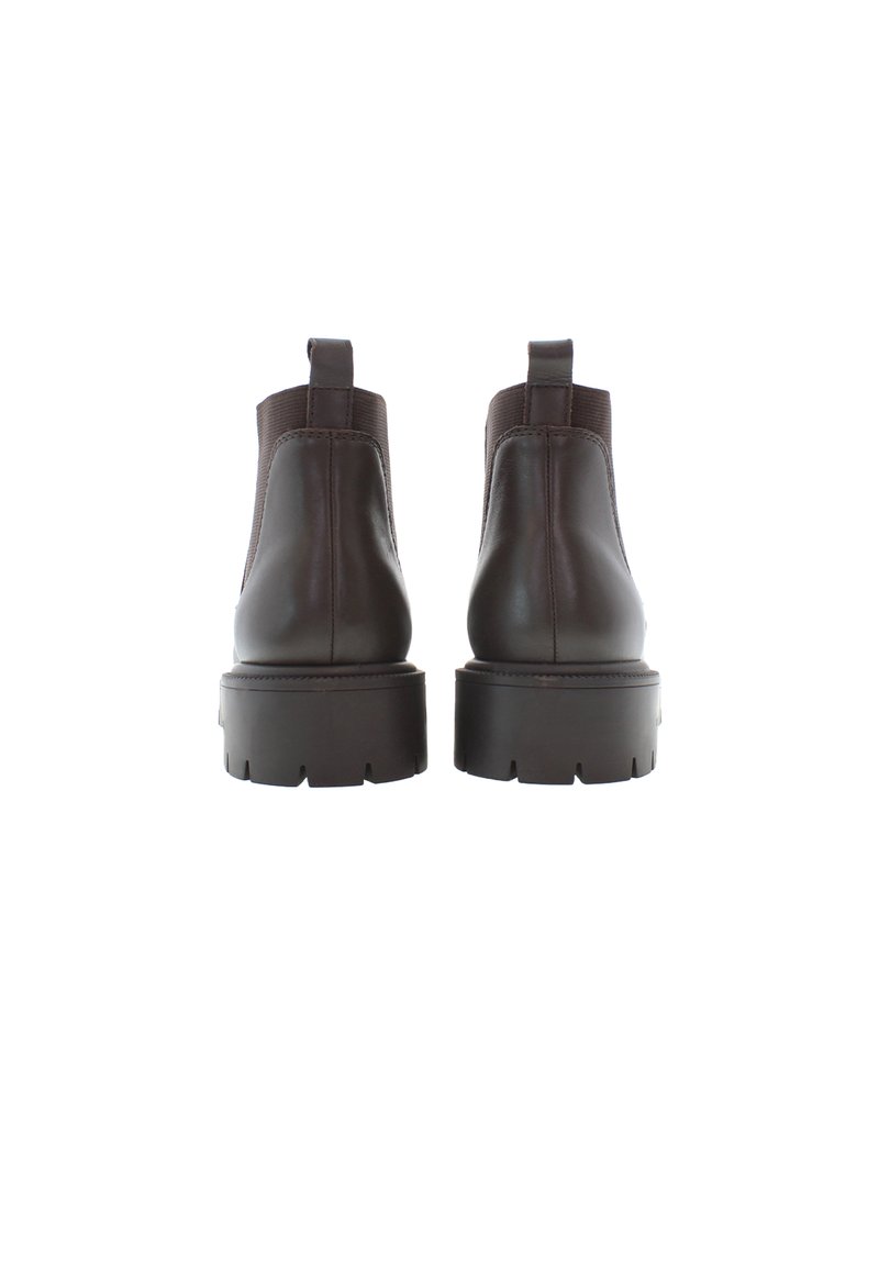Braune Leder-Ankle-Boots mit elastischen seitlichen Einsätzen, einem Zugtab und einer stabilen Gummisohle mit tiefem Profil.