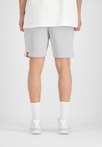 Shorts de sport gris avec un patch logo rouge, présentant une texture lisse et un ourlet fendu sur les côtés, associés à des chaussettes blanches et des chaussures de course.
