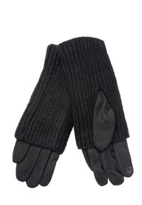 Schwarze gestrickte Handschuhe mit geripptem Muster, ausgestattet mit einem weichen Futter und Öffnungen an den Fingerspitzen für bessere Fingerfertigkeit.