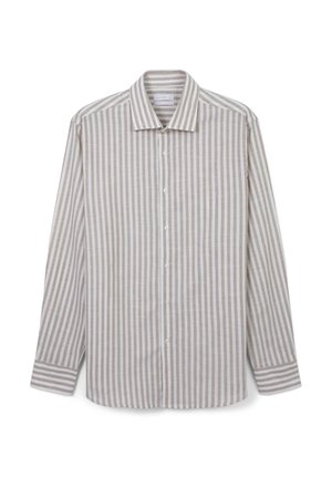 Camicia a maniche lunghe a righe beige e bianche, con chiusura a bottoni sul davanti, colletto classico, in tessuto morbido, con dettagli coordinati ai polsini a righe.