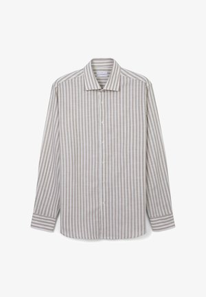 Beige and white striped long-sleeve shirt, button-up front, classic collar, soft fabric, featuring matching striped cuff details.