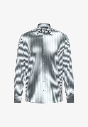 Langsleeve knoop-overhemd met groene en witte verticale strepen, spitse kraag en gestreepte manchetten.