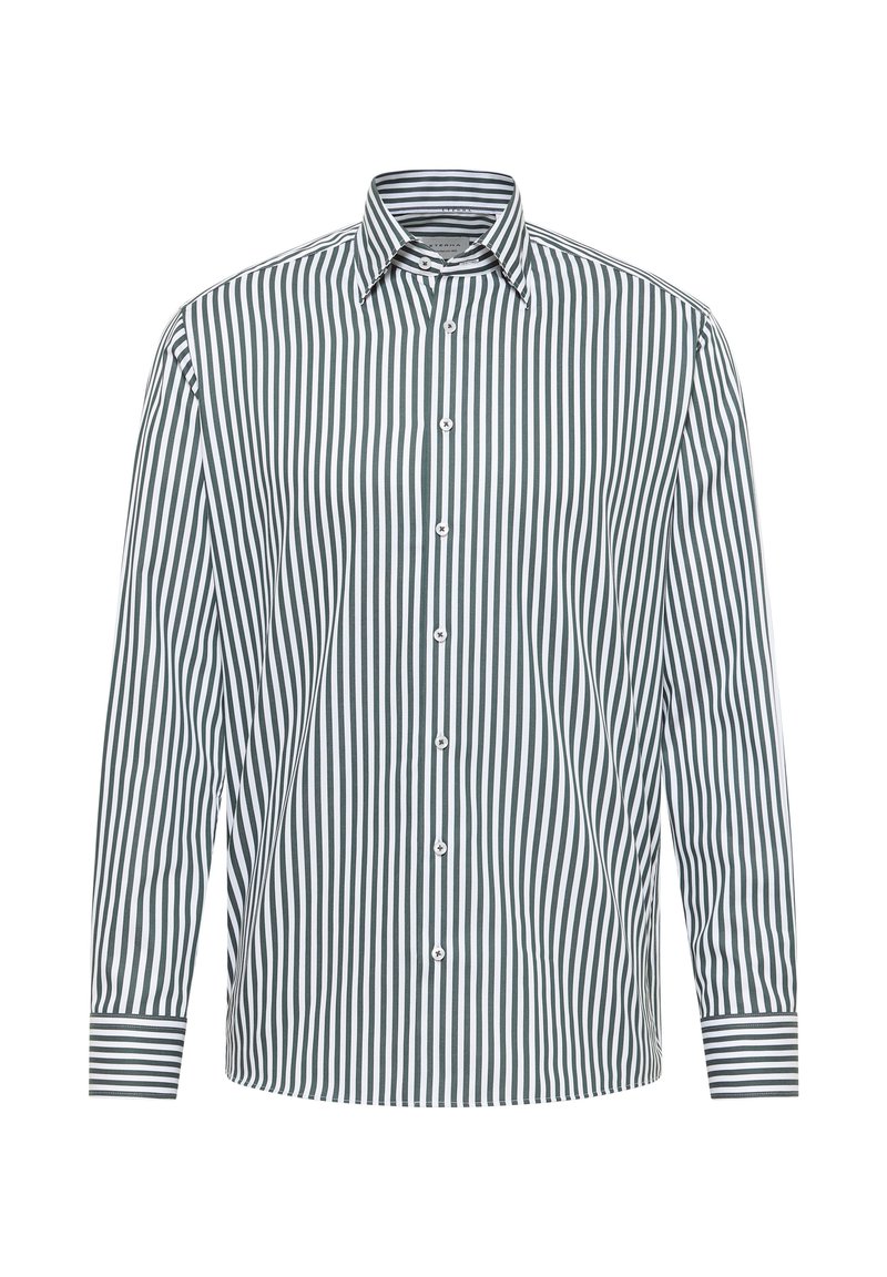 Langärmliges Hemd mit grünen und weißen vertikalen Streifen, spitzem Kragen und gestreiften Manschetten.
