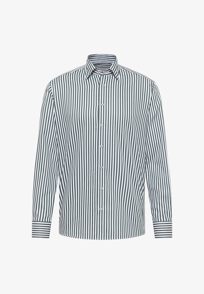 Langärmliges Hemd mit grünen und weißen vertikalen Streifen, spitzem Kragen und gestreiften Manschetten.