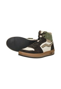 Hoge sneakers met een mix van bruin, roomkleurig en olijfgroen suede, met een rubberen buitenzool en ingewikkelde stikdetails.
