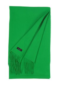 Écharpe verte en tissu doux, avec des extrémités frangées et une étiquette de marque noire cousue d'un côté. Texture lisse avec une couleur uniforme.