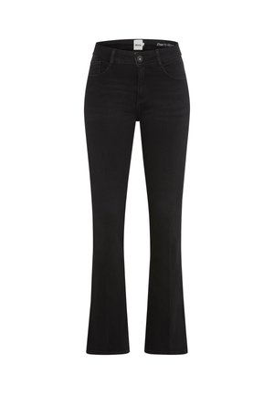 Sorte højtaljede jeans med let flairben, frontknap og lynlås lukning, bæltestropper og forlommer.