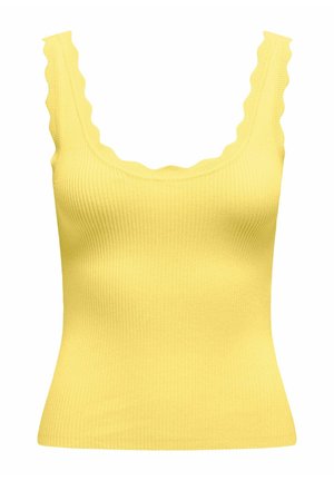 Haut sans manches en maille côtelée jaune avec bords festonnés le long de l'encolure carrée et des bretelles, silhouette ajustée.