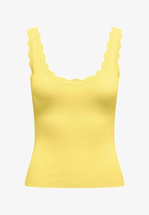 Haut sans manches en maille côtelée jaune avec bords festonnés le long de l'encolure carrée et des bretelles, silhouette ajustée.