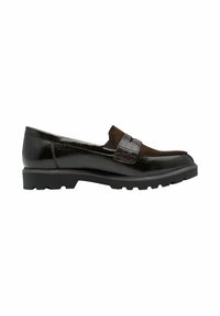 Black patent leather slip-on shoe with a brown suede top, textured strap detail, and a rugged black sole featuring prominent treads.