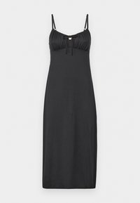 Musta olkaimeton mekko, jossa on ohuet hihnat ja rypytetty vartalo, jossa on edessä nauhasolmu. Valmistettu sileästä ja kevyestä kankaasta.