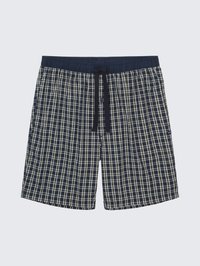 Mænds shorts i marineblå og hvide tern med elastisk talje, sort snor og frontknaplukning.