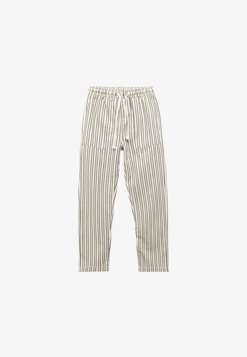 Gestreepte broek met een elastische tailleband en een trekkoord. Gemaakt van lichtgewicht stof, met verticale grijze en witte strepen. Twee voorzakken.