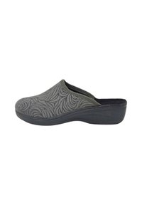 Zoccoli grigi con motivo, parte superiore testurizzata, design slip-on e suola nera. Presentano una punta arrotondata e un leggero tacco per stabilità.