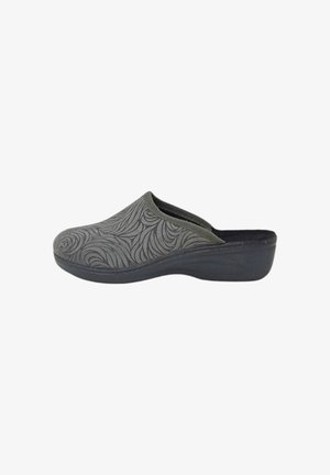 Zoccoli grigi con motivo, parte superiore testurizzata, design slip-on e suola nera. Presentano una punta arrotondata e un leggero tacco per stabilità.
