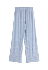 Helle blaue, weite Hose aus weichem Stoff, mit einem bequemen elastischen Bund und subtilen horizontalen Streifen.