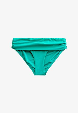 Braguita de bikini turquesa con una cinturilla ancha doblada, textura suave y diseño de pierna alta, hecha de material elástico para trajes de baño.