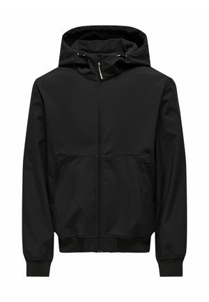 Veste noire à zip avec capuche, fabriquée en tissu lisse, dotée de deux poches latérales, de poignets côtelés et d'un ourlet droit. Design minimaliste.