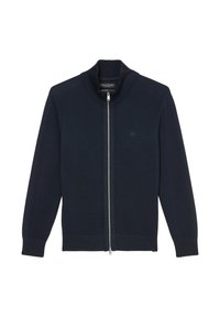 Marine blauwe ritsvest gemaakt van gestructureerde brei stof. Kenmerkt zich door een hoge kraag en geribde mouwen, met een subtiel logo geborduurd op de borst.