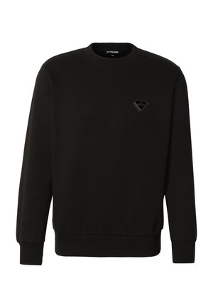 Sweat-shirt noir à manches longues avec col rond, poignets et ourlet côtelés, avec un petit logo en forme de losange sur la poitrine gauche.