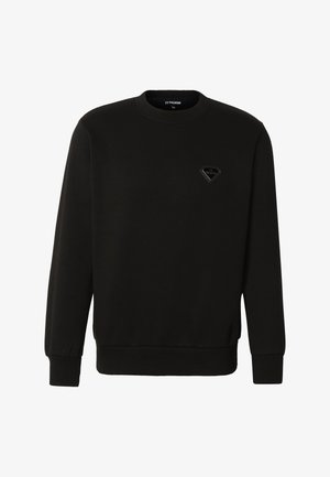 Sweat-shirt noir à manches longues avec col rond, poignets et ourlet côtelés, avec un petit logo en forme de losange sur la poitrine gauche.