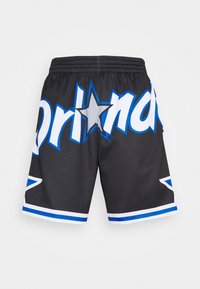 Shorts in rete neri con testo "Orlando" blu e bianco, grafiche di stelle e rifiniture bianche lungo l'orlo per un design sportivo.