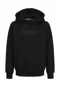 Černá mikina s kapucí obsahující přední kapsu a logo, které na hrudi zní "ORIGINALS JACK & JONES" v tmavém tisku.