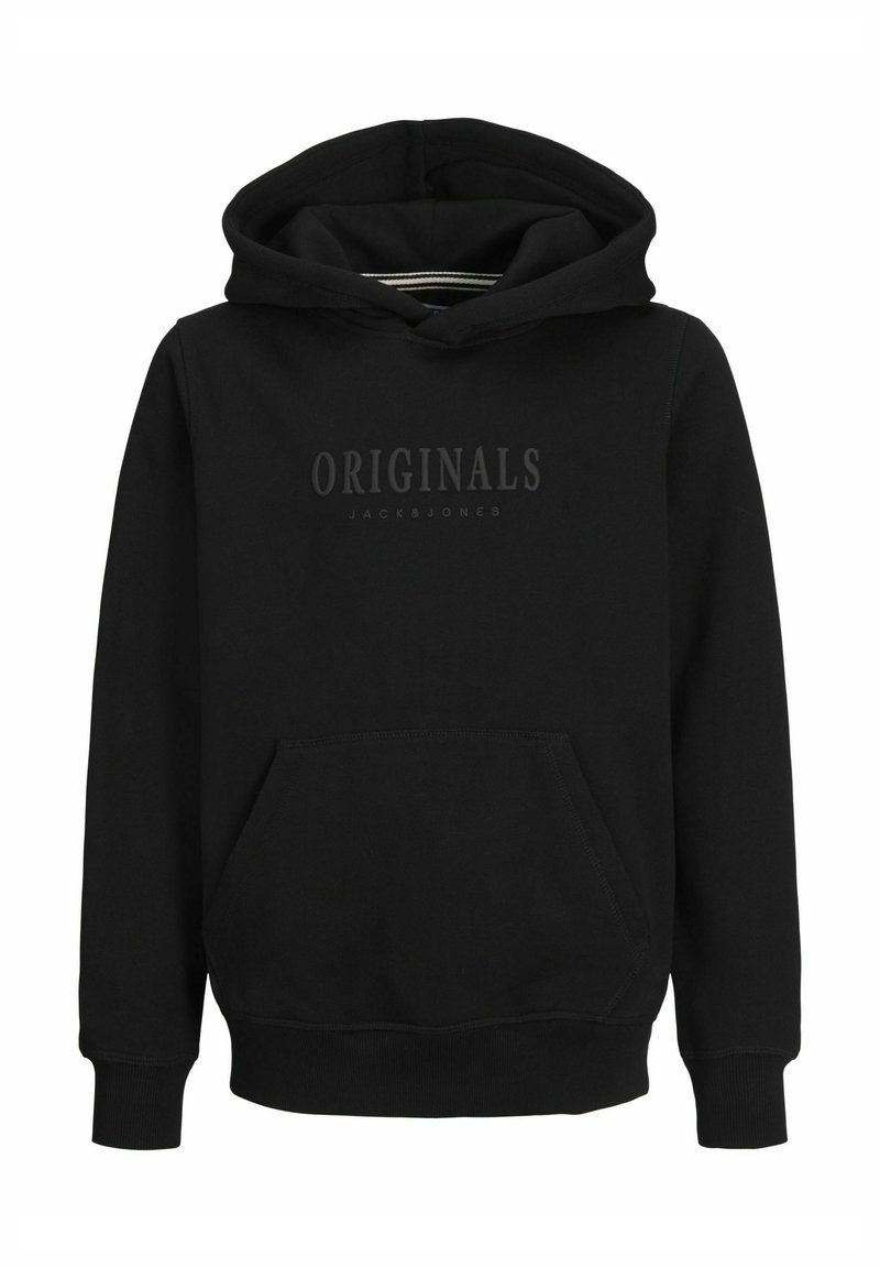 Černá mikina s kapucí obsahující přední kapsu a logo, které na hrudi zní "ORIGINALS JACK & JONES" v tmavém tisku.