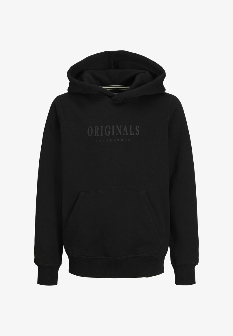 Must musta, millel on eesmine tasku ja logo, mis ütleb "ORIGINALS JACK & JONES" tumes prindis rinnal.