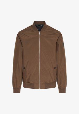 Bruine bomberjack, lichtgewicht materiaal, voorritssluiting, zijzakken met zwarte knopen, geribbelde manchetten en zoom, gladde textuur.