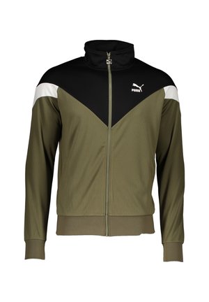 Olivgrüne Trainingsjacke mit hohem Kragen, schwarzen und weißen Einsätzen, Reißverschluss sowie gerippten Bündchen und Saum.