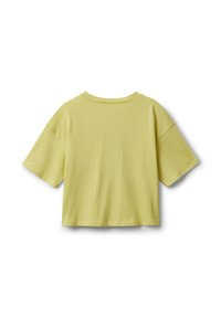 Světle žluté, krátké tričko s krátkým rukávem a kulatým výstřihem, zobrazené zezadu na bílém pozadí.