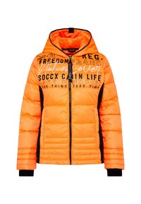 Padded jacket in bright orange with black accents and zipper. Features logo and text design on front. Constructed from water-resistant material.
