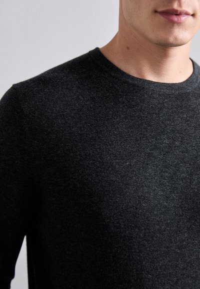 Man wearing a dark gray crew neck sweater, showing neck, lower face, and upper torso against a plain light background.