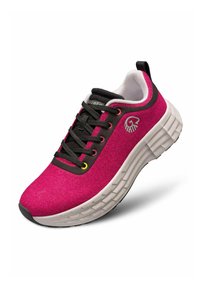 Rosa Sport-Schuh aus Filz mit schwarzen Schnürsenkeln, abgerundeter Zehenpartie und einer strukturierten weißen Sohle. Verfügt über ein Logo an der Seite und gestickte Akzente.