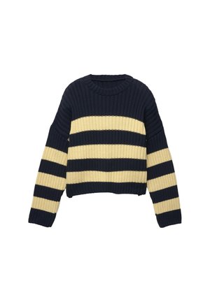 Navy blue knitted sweater with wide cream horizontal stripes on the body and sleeves, featuring a crew neckline and long sleeves.