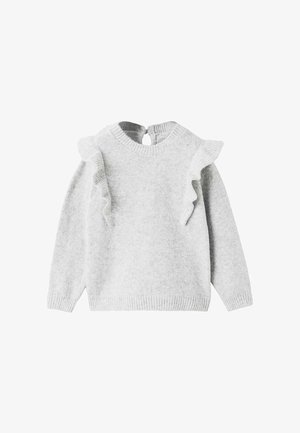 Szary sweter z dzianiny z falbaniastymi akcentami na ramionach, okrągłym dekoltem i zapięciem na guziki z tyłu. Miękka tekstura i luźny krój.