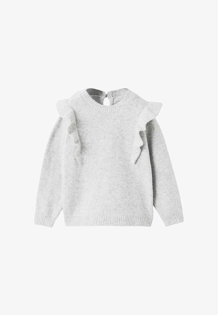 Szary sweter z dzianiny z falbaniastymi akcentami na ramionach, okrągłym dekoltem i zapięciem na guziki z tyłu. Miękka tekstura i luźny krój.