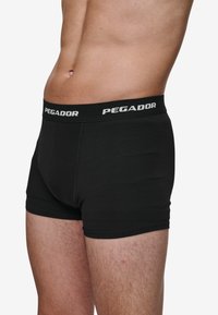 Fekete boxer alsónadrág puha anyagból, kényelmes, rugalmas derékkal. A márkanevének, a "PEGADOR"-nak a neve fehér színnel van nyomtatva a gumírozásra.