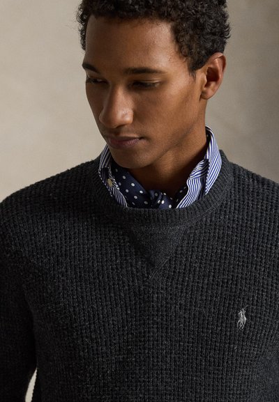 Gebreide zwarte trui met een gestructureerd patroon en een ronde hals, gedragen over een blauw-wit gestreept overhemd met polka dots. Heeft een logo.