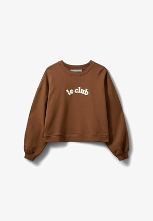 Sweat-shirt court marron à manches longues, avec le texte brodé blanc « le club » sur la poitrine. Tissu doux avec une texture lisse.