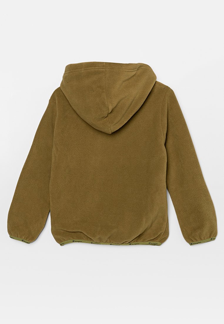 Olijfgroen fleecjacket met een capuchon, met een gestructureerd oppervlak, elastische manchetten en een gathered zoom. De achterzijde toont geen zichtbare sluitingen.