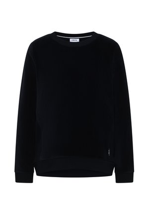 Zwarte velours trui met lange mouwen, ronde hals en geribbelde manchetten. Voorzien van een subtiele zijsplit en een merklabel op de zoom.