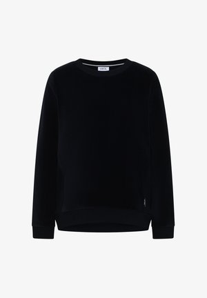 Zwarte velours trui met lange mouwen, ronde hals en geribbelde manchetten. Voorzien van een subtiele zijsplit en een merklabel op de zoom.