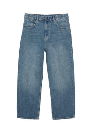 Jean en denim bleu à jambes droites avec cinq poches et fermeture à boutons, présenté à plat sur un fond blanc.