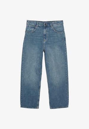 Jean en denim bleu à jambes droites avec cinq poches et fermeture à boutons, présenté à plat sur un fond blanc.